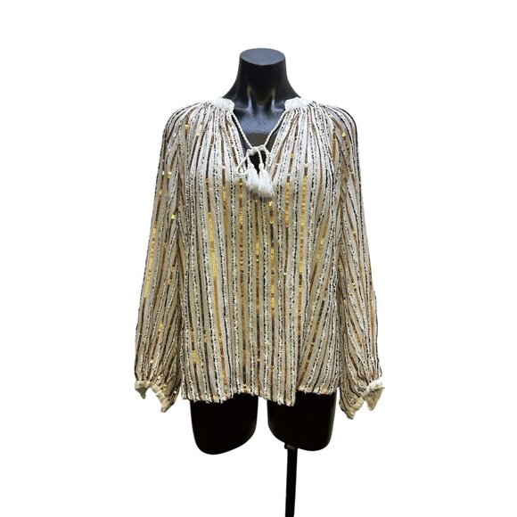 Jade by johnny Was Sequin-Striped Long-Sleeve Blouse w/Tassel Tie Neckline - Picture 1 of 8